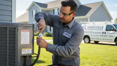 Professional AC repair technician servicing air conditioner in Saint Louis MO home