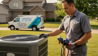 Professional AC repair technician servicing air conditioner in Saint Louis MO home