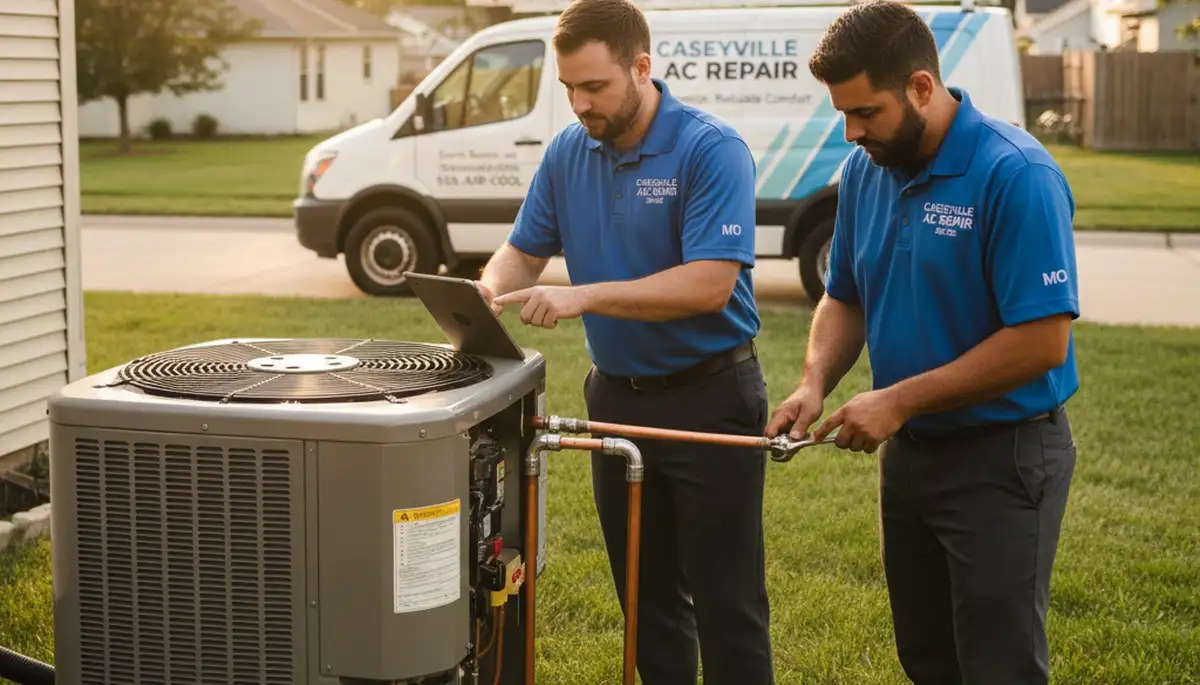 Professional AC repair technician servicing air conditioner unit in Saint Louis MO home