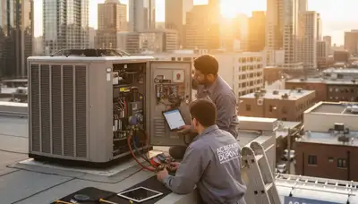 Professional AC repair technician servicing air conditioner in Saint Louis MO home