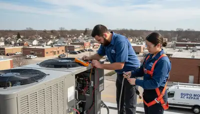 Professional AC repair technician servicing air conditioner unit in Saint Louis, MO