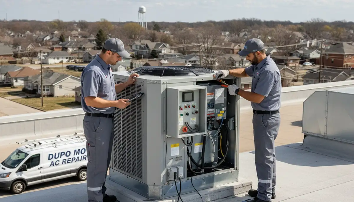 Professional AC repair technician servicing air conditioner unit in Saint Louis MO home