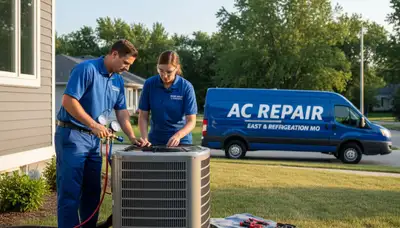 Professional AC repair technician servicing air conditioner unit in Saint Louis MO home
