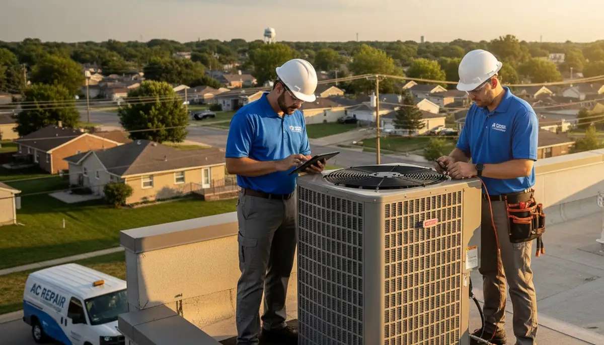 Professional AC repair technician servicing air conditioner in Saint Louis MO home