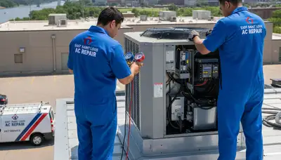 HVAC technician performing air conditioner repair service in Saint Louis MO home