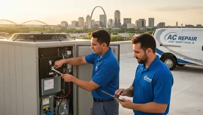 Professional AC repair technician servicing air conditioner in Saint Louis MO home
