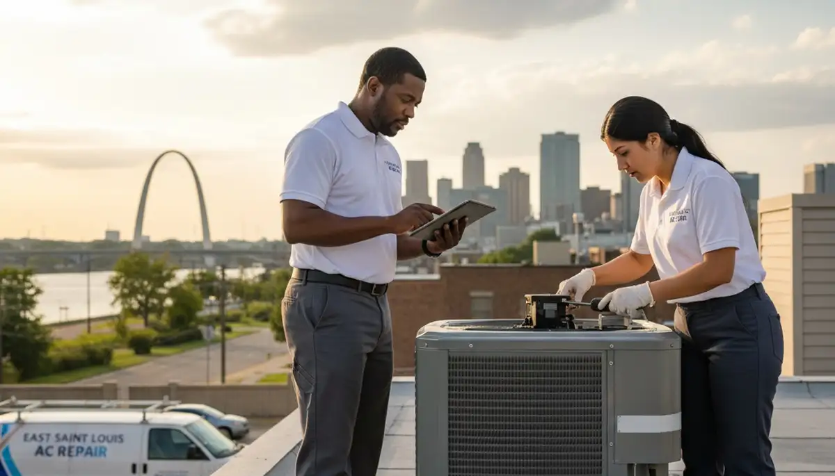 Professional AC repair technician servicing air conditioner unit in Saint Louis MO