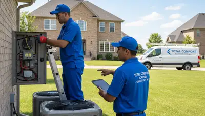 Professional AC repair technician servicing air conditioner unit in Saint Louis MO home