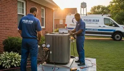Professional AC repair technician servicing air conditioner in Saint Louis MO home