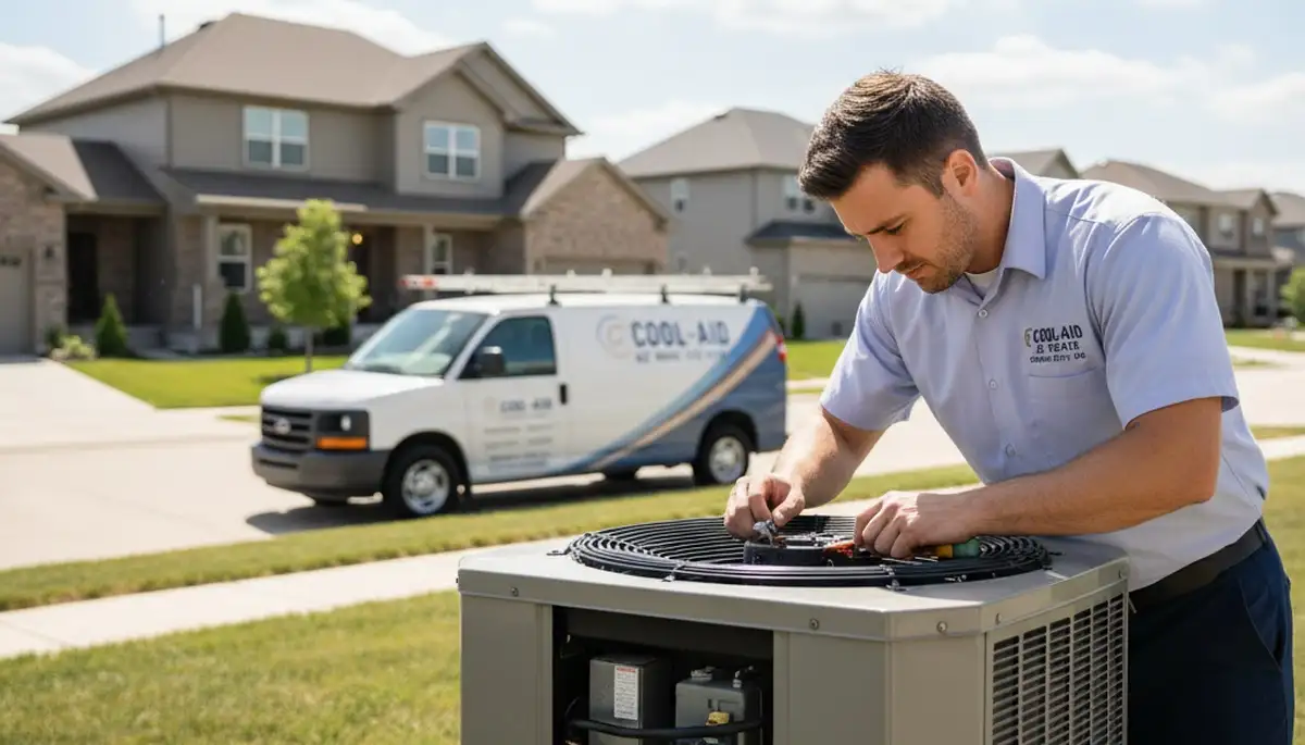 Professional HVAC technician performing AC repair service in Saint Louis, MO home