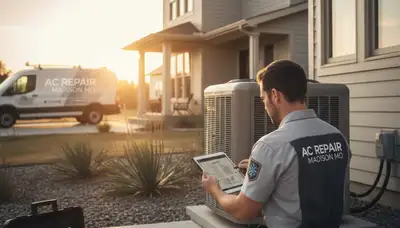 Professional AC repair technician servicing air conditioner in Saint Louis MO home