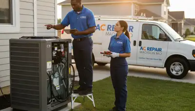 Professional AC repair technician servicing air conditioner unit in Saint Louis MO home
