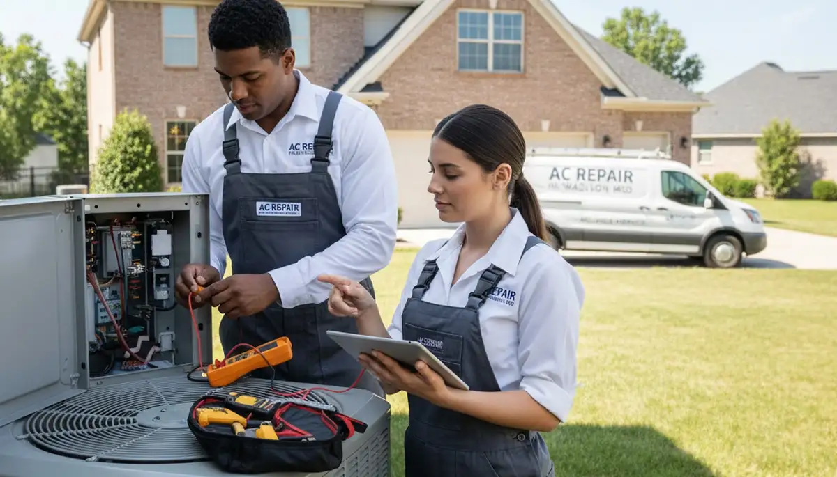 Professional AC repair technician servicing air conditioner unit in Saint Louis MO home