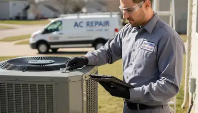 HVAC technician performing AC repair service in Saint Louis MO home