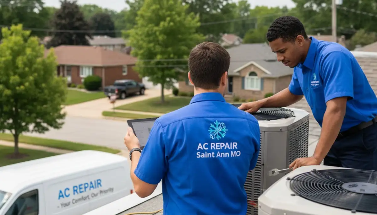 Professional AC repair technician servicing residential unit in Saint Louis, MO