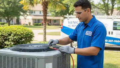 Professional AC repair technician servicing air conditioner unit in Saint Louis MO home