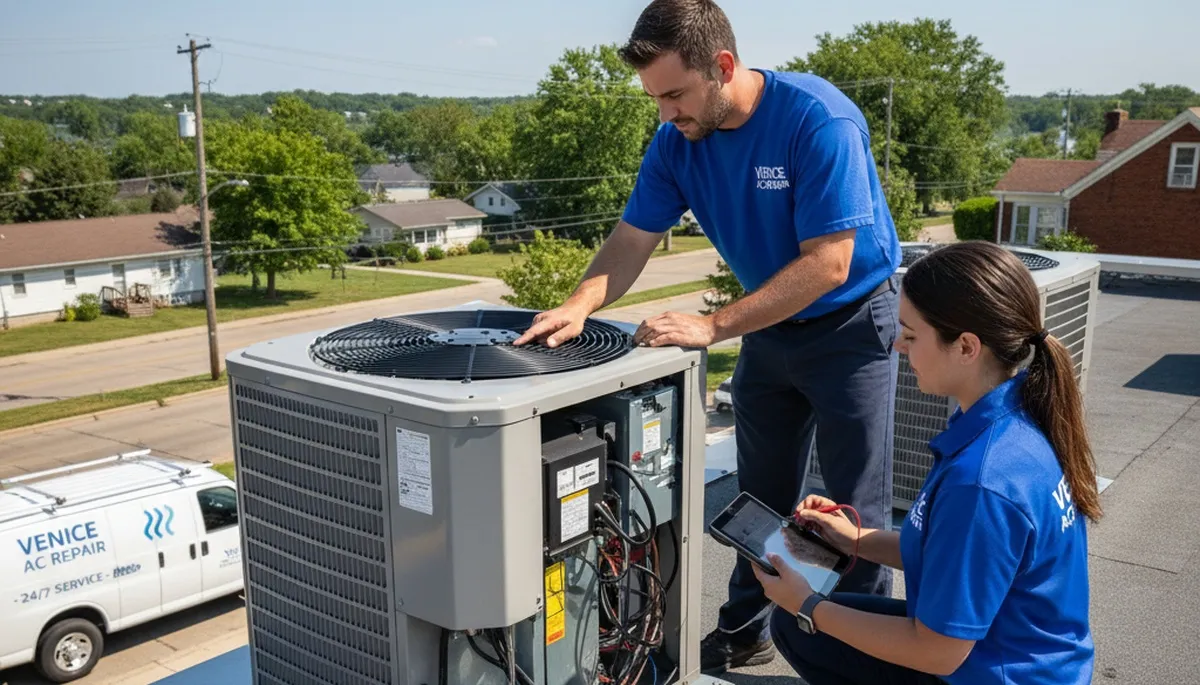 Professional AC repair technician servicing air conditioner unit in Saint Louis MO home
