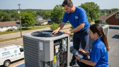 Professional AC repair technician servicing air conditioner unit in Saint Louis MO home