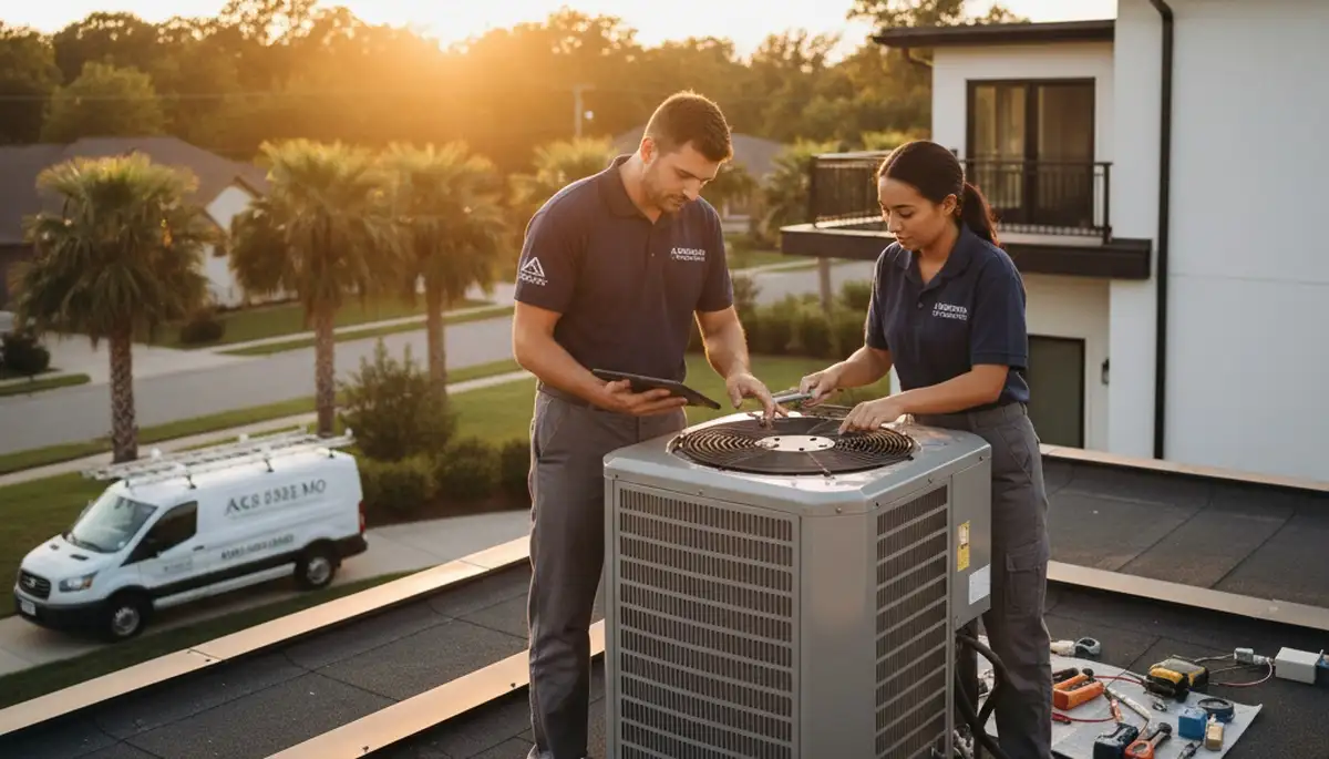 Professional AC repair technician servicing air conditioner unit in Saint Louis, MO