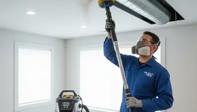 Technician cleaning air ducts for HVAC system in Saint Louis, MO home