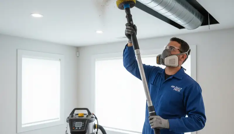 Technician cleaning air ducts for HVAC system in Saint Louis, MO home