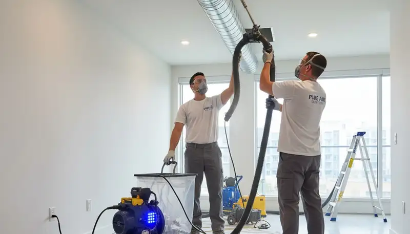 Technician cleaning air ducts for HVAC system in Saint Louis MO home by Five Star Cooling