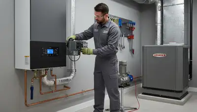 Technician performing boiler repair service in Saint Louis MO home by Five Star Cooling