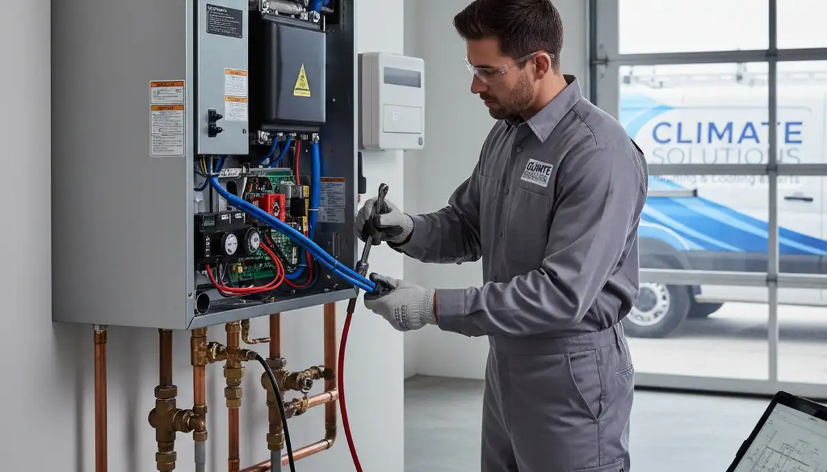 Technician performing boiler repair service in Saint Louis, MO home basement heating system