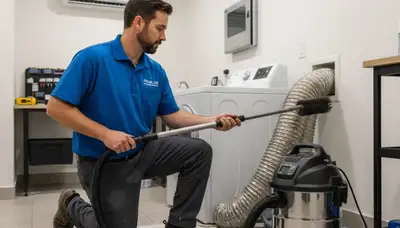 Technician performing professional dryer vent cleaning in Saint Louis MO home for improved efficiency