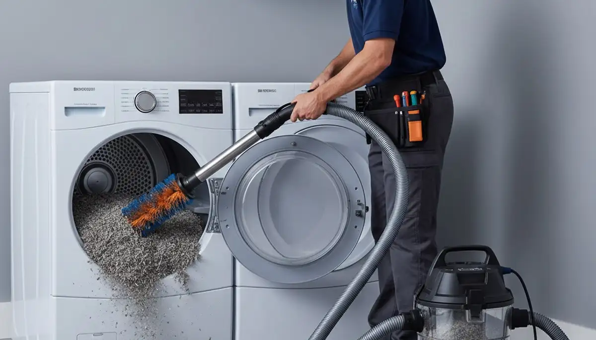 Technician cleaning dryer vent in Saint Louis MO home for improved airflow and appliance safety