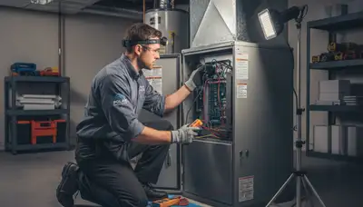 Technician performing furnace repair in Saint Louis MO for Five Star Cooling heating service