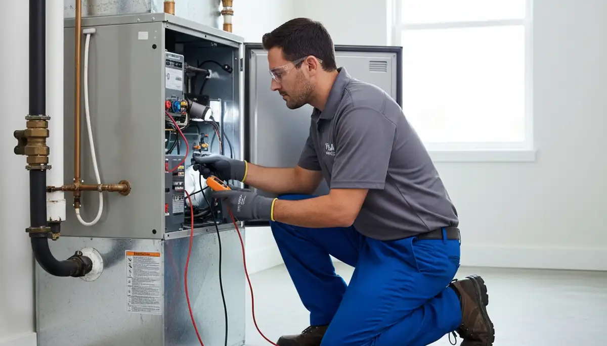 Technician performing furnace repair service in Saint Louis MO for Five Star Cooling
