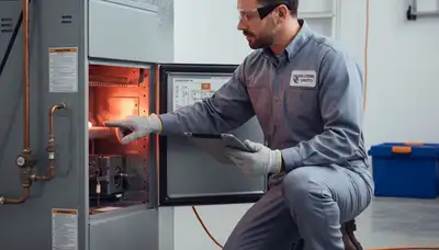 Technician performing heating repair in Saint Louis MO home for Five Star Cooling service