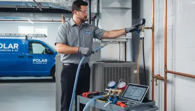 Technician fixing residential plumbing pipes in Saint Louis MO for Five Star Cooling repair service