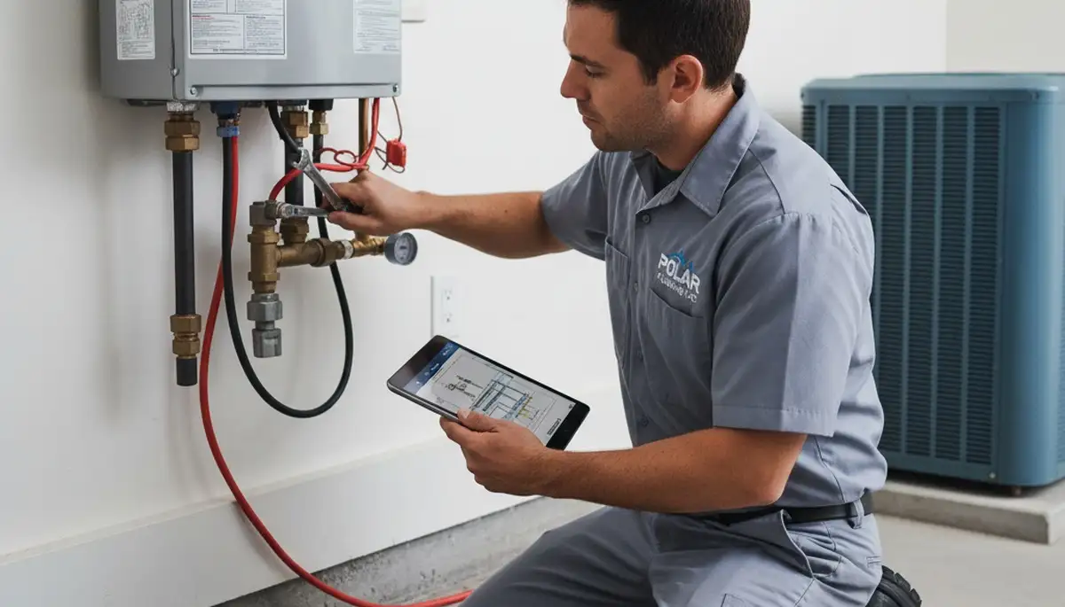 Technician repairing residential water heater in Saint Louis MO home for Five Star Cooling