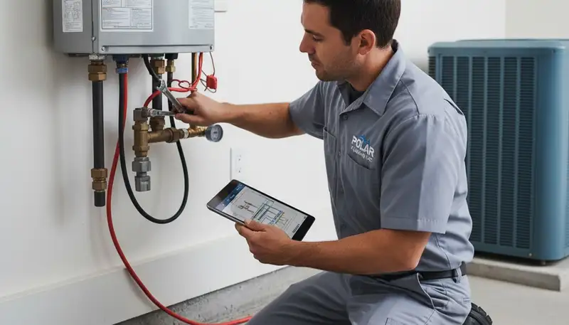 Technician repairing residential water heater in Saint Louis MO home for Five Star Cooling